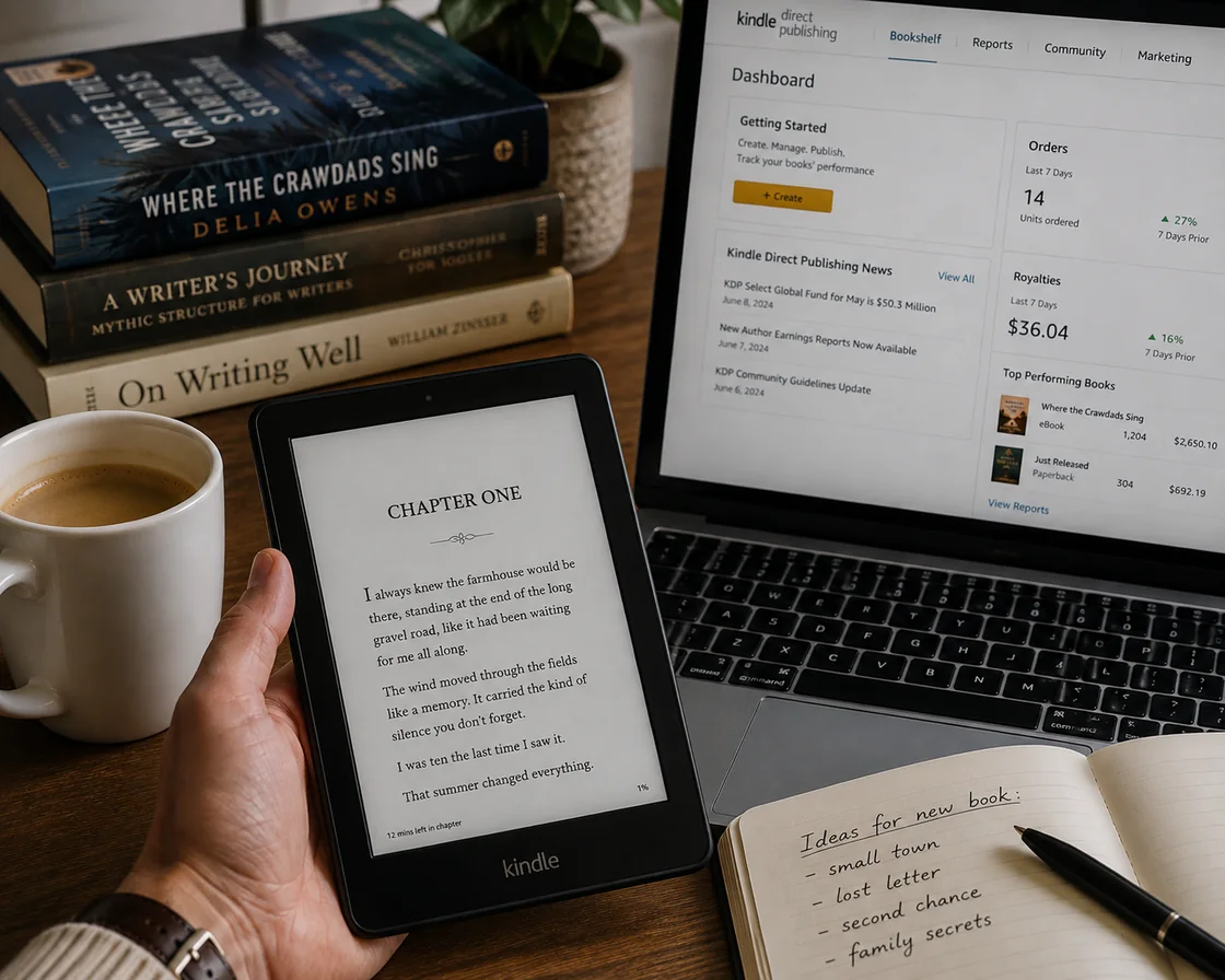 An ebook cover displayed on a tablet in warm navy and gold light, beside a laptop showing the book's chapter text