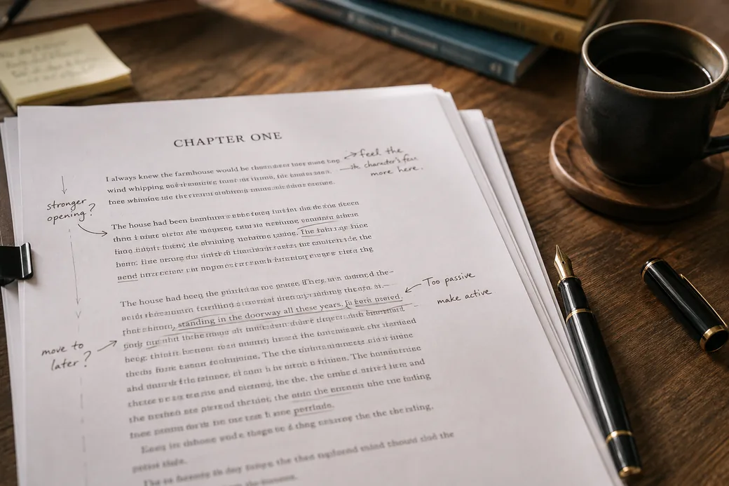 A manuscript chapter with handwritten editing notes in the margins, beside a fountain pen and coffee