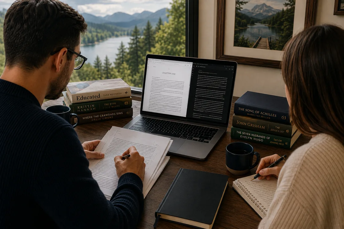 A ghostwriter and author reviewing a manuscript together at a desk overlooking a lake