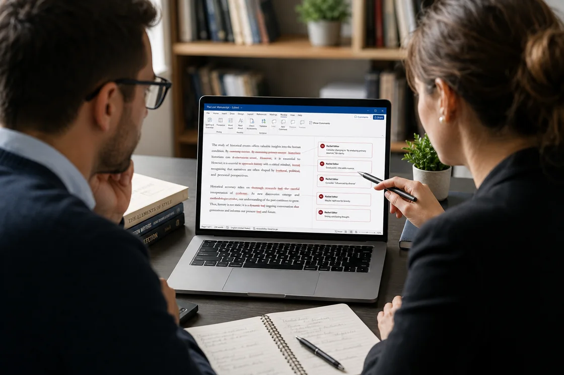 A laptop showing a manuscript in Word with tracked changes and editor comments beside a stack of writing craft books