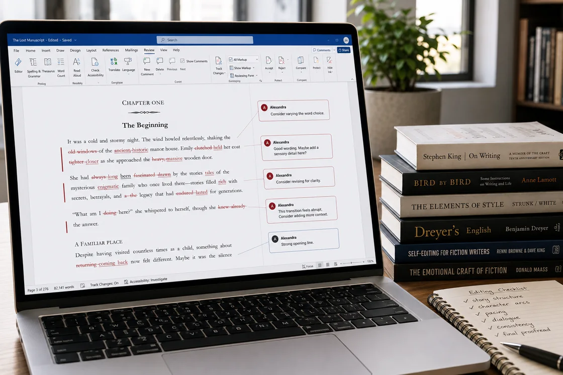 An editor and author reviewing a manuscript with tracked changes and margin comments on a laptop